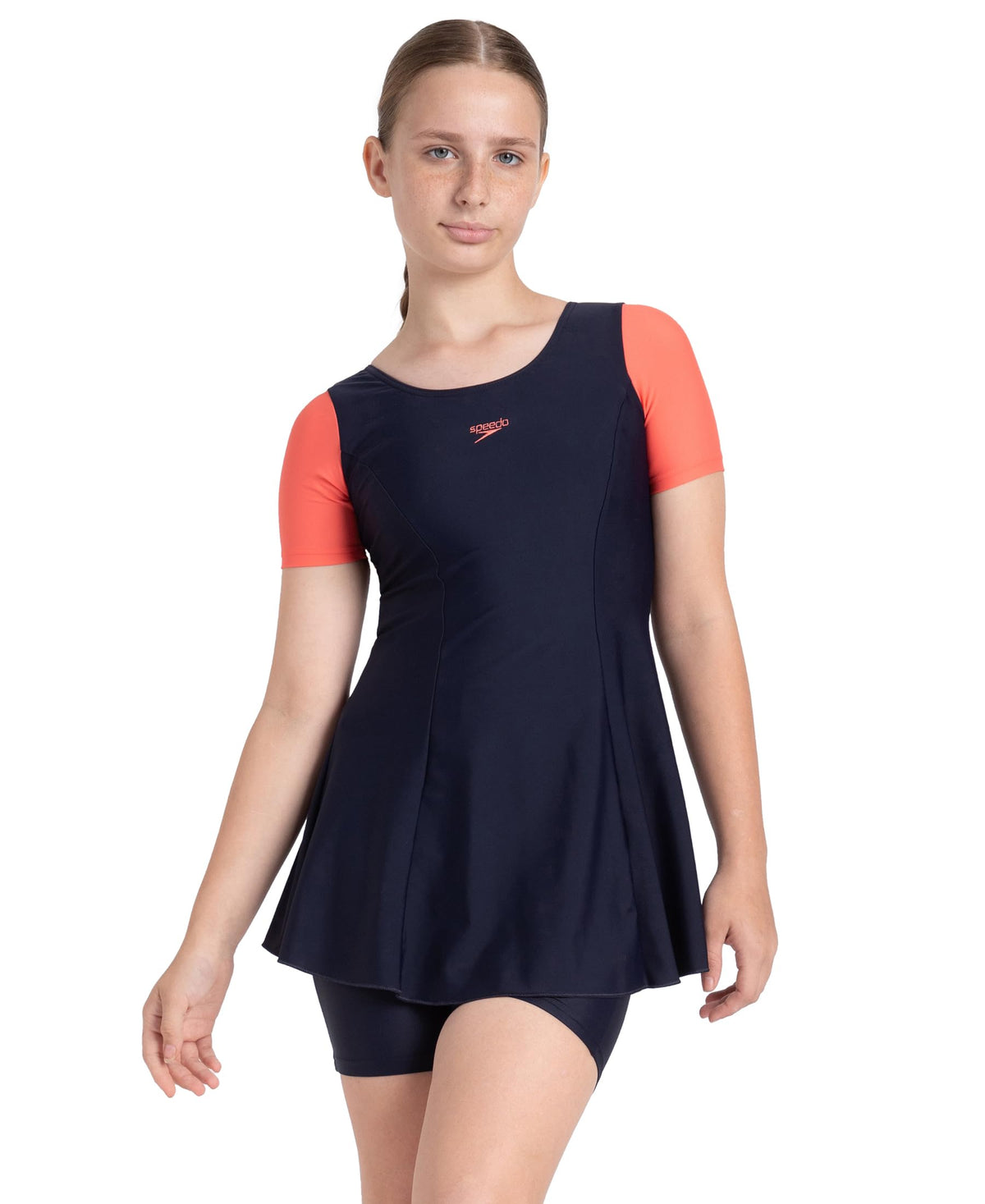 Speedo Girl's Endurance10 Sleeved Closedback Swimdress with Boyleg - True Navy & Coral Sands