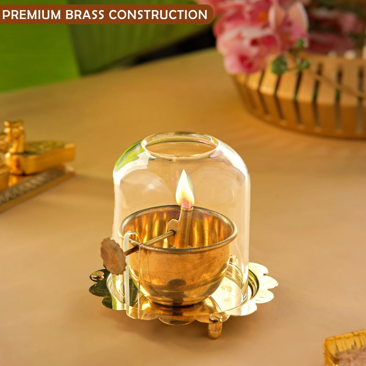 Brass Akhand Jyoti Diya Oil Lamp with Adjustable Bati Knob | Lifting Screw Wick Holder & Borosilicate Glass Cover | Large Size, 200 ml Oil Capacity, Stay Lit fo