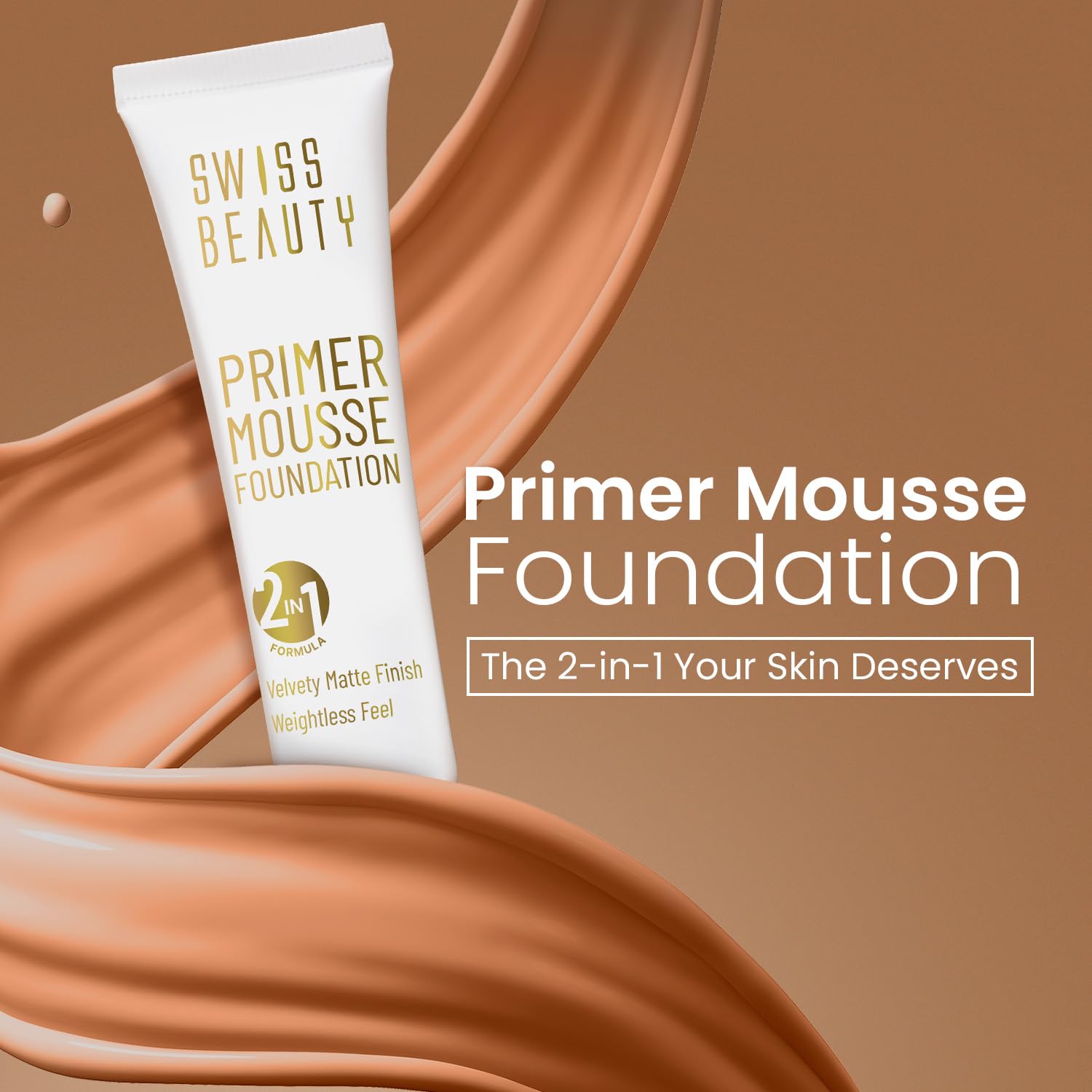 Swiss Beauty Primer Mousse Foundation Weightless Smooth & Velvet Touch, Matte Finish, Face MakeUp, Medium Beige, 40ml