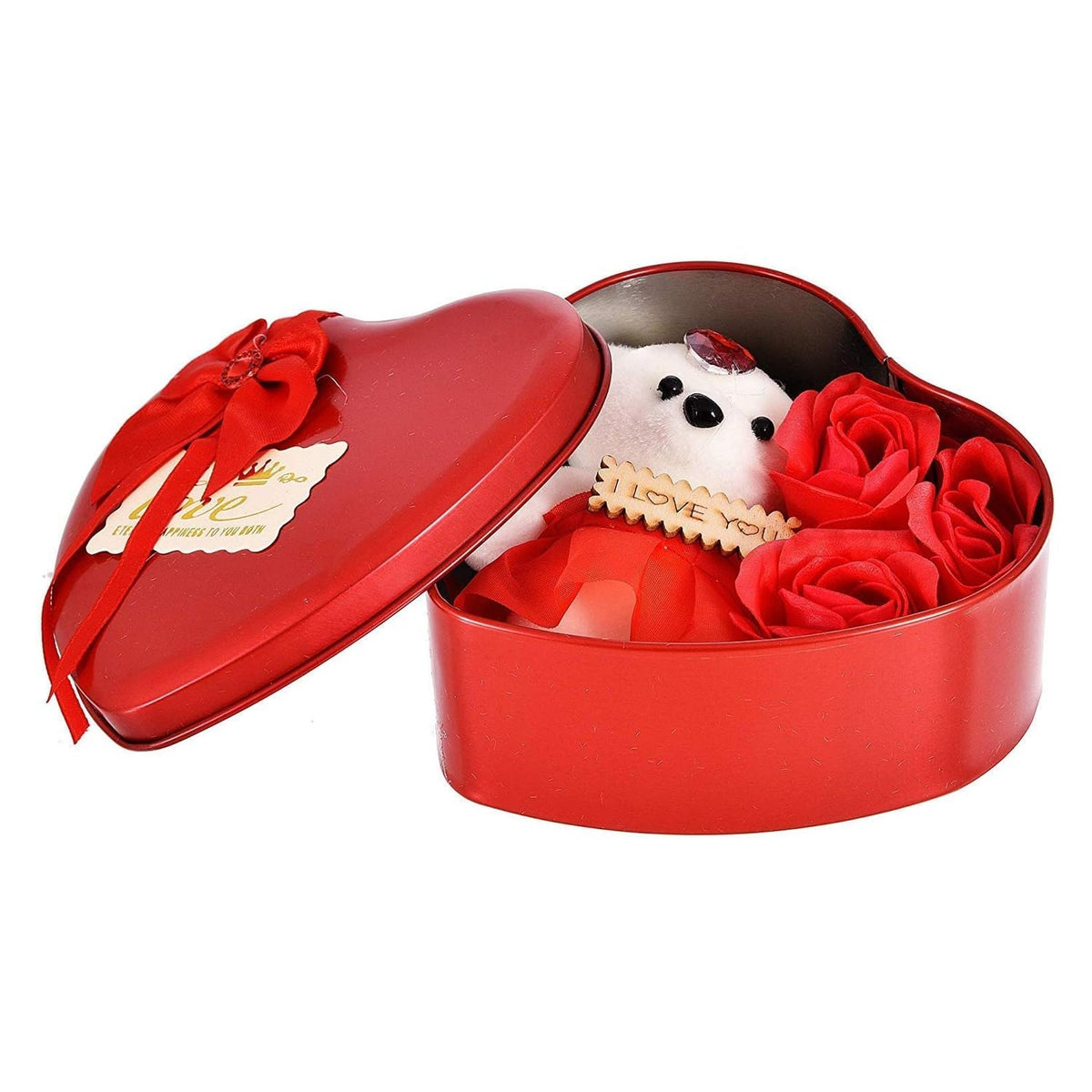 sakoraware Red Heart Shape Romantic Gift Box with Small Doll Teddy Bear & Artificial Rose | Valentine Anniversary Wedding Special Love Gift Set for Couples Girl