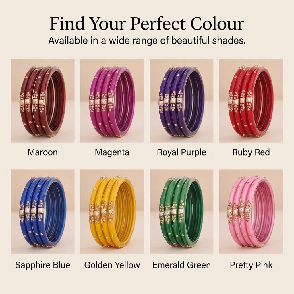 Glass with Zircon Gemstone & Beads Studded worked Glossy Finished Kada Set For Women and Girls | Set of 8 Red 2.6 Inches