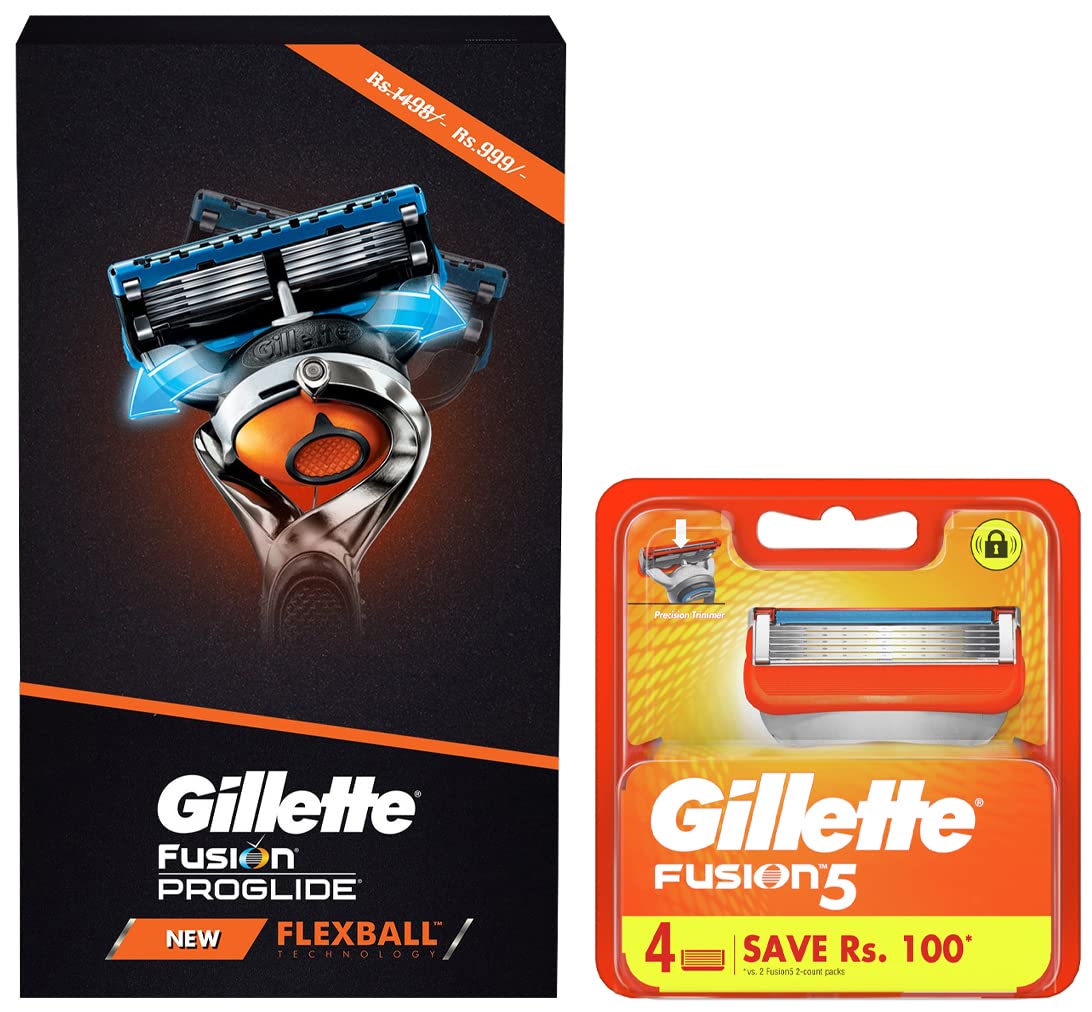 Gillette Flexball Pro Glide Gift Pack With Razor, 4 Cartridges & Fusion Manual Shaving Razor Blades - 4s Pack