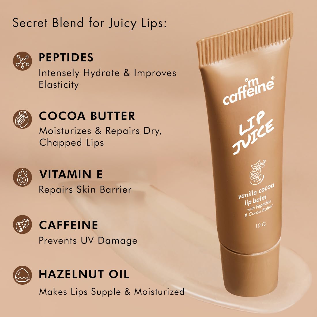 mCaffeine Lip Juice Vanilla Cocoa Lip Balm | 24 hrs Moisturization | Sweet Vanilla Flavor | With Peptides, Cocoa Butter & Vitamin E | Heals Dry & Chapped Lips |