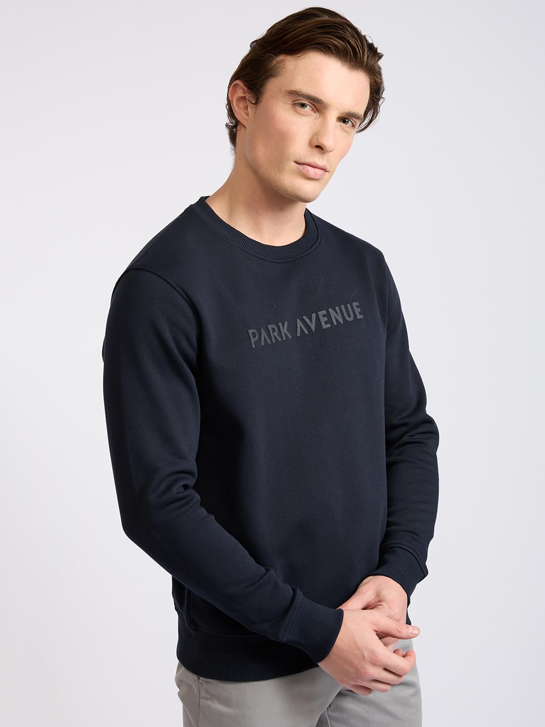 Park Avenue Men Full Sleeve Slim Fit Solid Pattern Cotton Polyester Blend Regular Neck Regular Neck Casual Sweatshirt 42 Fancy Blue