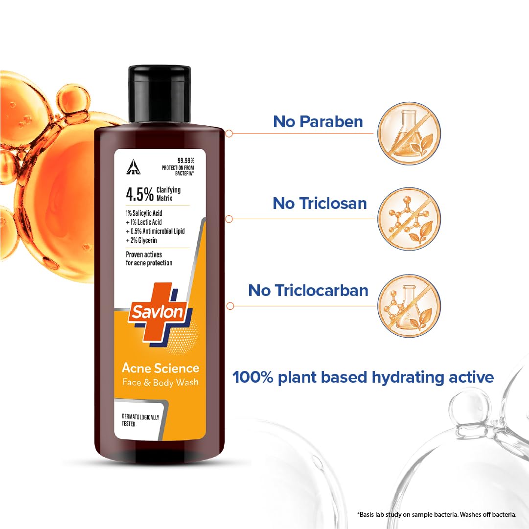 Savlon Acne Science Exfoliating Face & Body Acne Wash 250ml | Antibacterial Formula with 1% Salicylic Acid + 1% Lactic Acid | Helps Fight Acne-Causing Bacteria