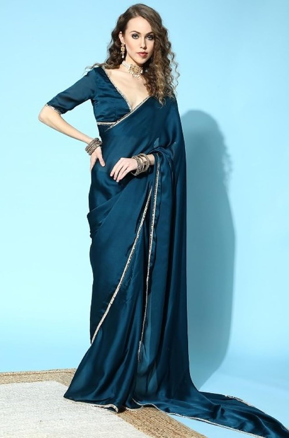 1 Minute Silk Satin Pre-Pleated Saree Ready to Wear with Unstitched Blouse Royal Blue One Size