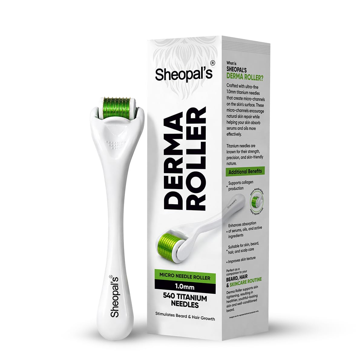 Sheopal's Derma Roller for Beard & Hair Growth – 1.0mm Titanium Needles Microneedling Roller, Reduces Acne Scars & Boosts Serum Absorption