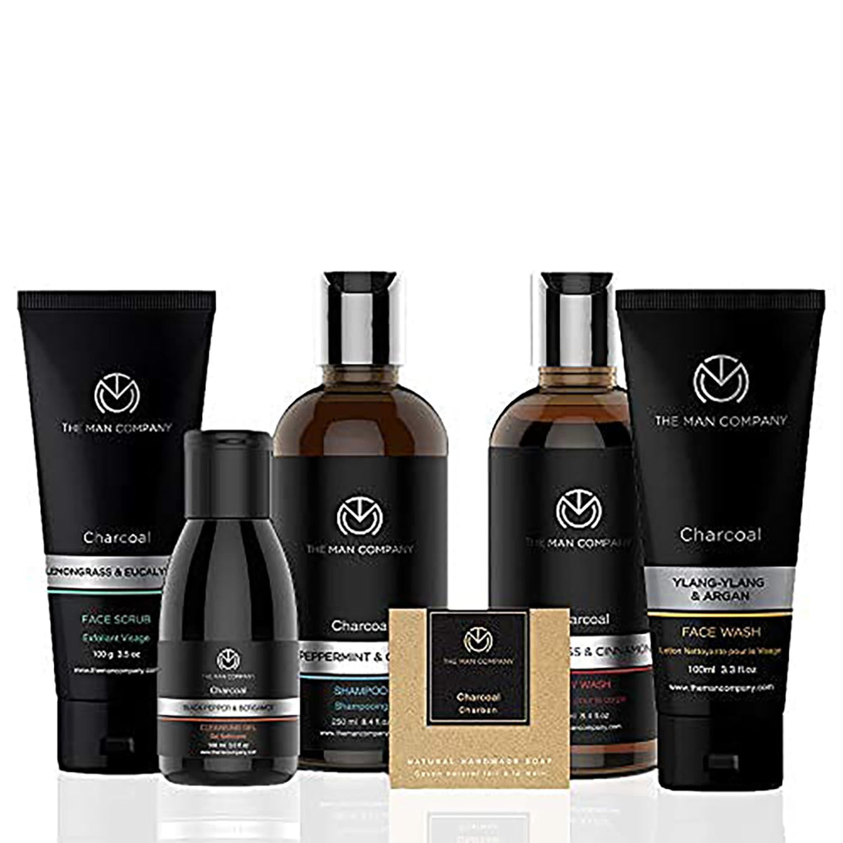 The Man Company Charcoal Grooming Kit with Body Wash, Shampoo, Face Scrub, Face Wash, Cleansing Gel, Solid Soap Bar | Combo Gift Set for Husband, Boyfriend - Se