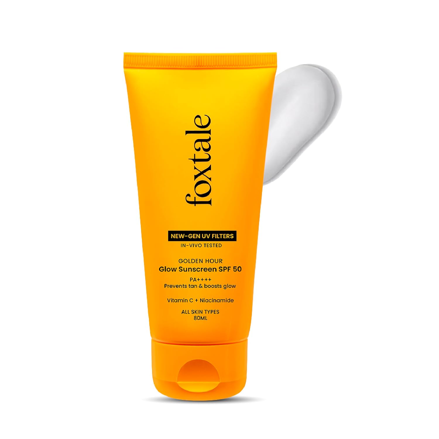 Foxtale Glow Sunscreen SPF 50 PA++++ with Vitamin C & Niacinamide, In-Vivo Tested, Sensitive-Skin Friendly, Made with 100% New-Gen Filters, Lightweight, Non-Greasy, No White Cast |For Men & Women| All Skin Type | 80 Ml