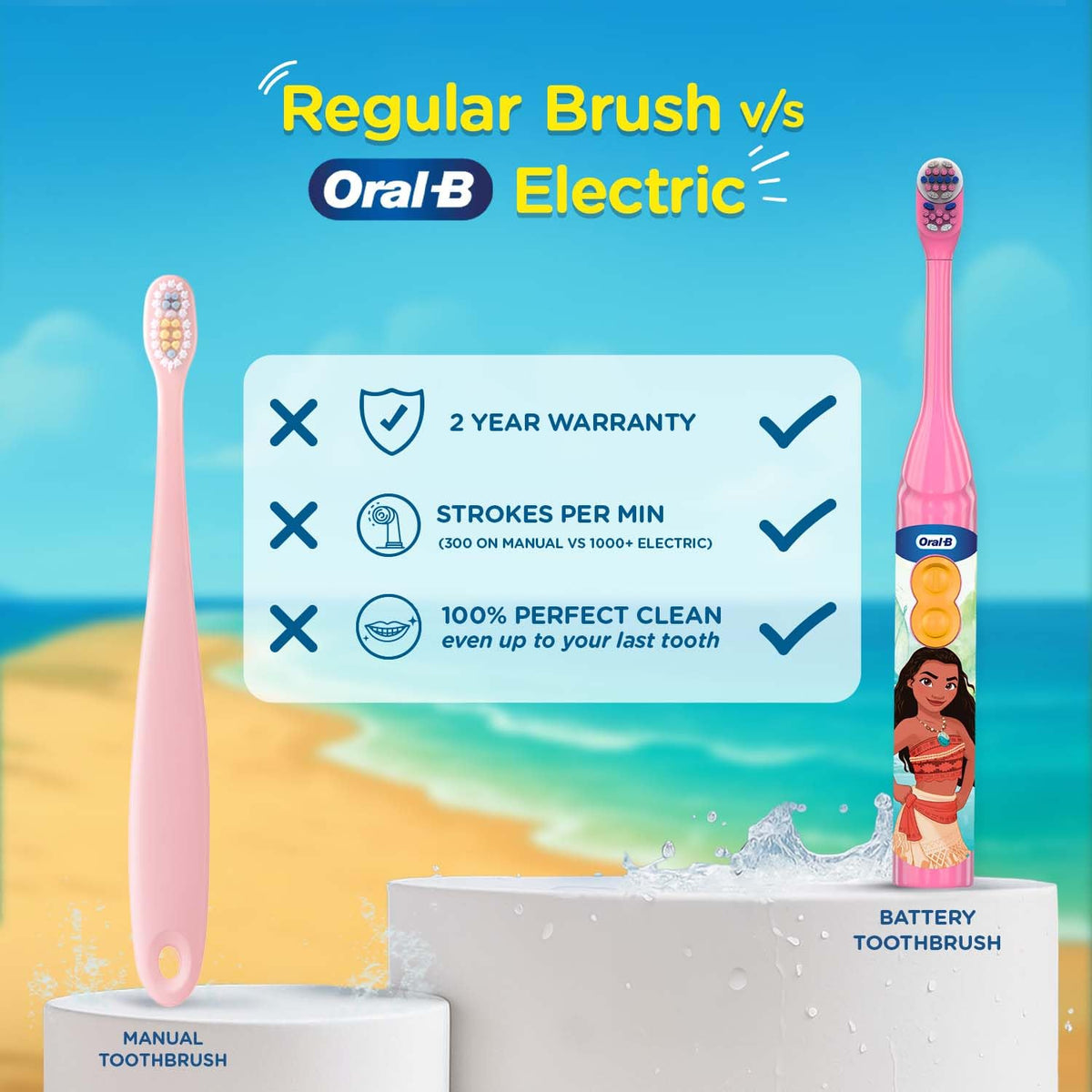 Oral-B Kids Moana Battery Electric Toothbrush, 90 Day Battery, 2 Year Warranty by Oral-B, IPX7 Water Resistant, Soft Bristles, Removes 100% More Plaque, 3+ Year