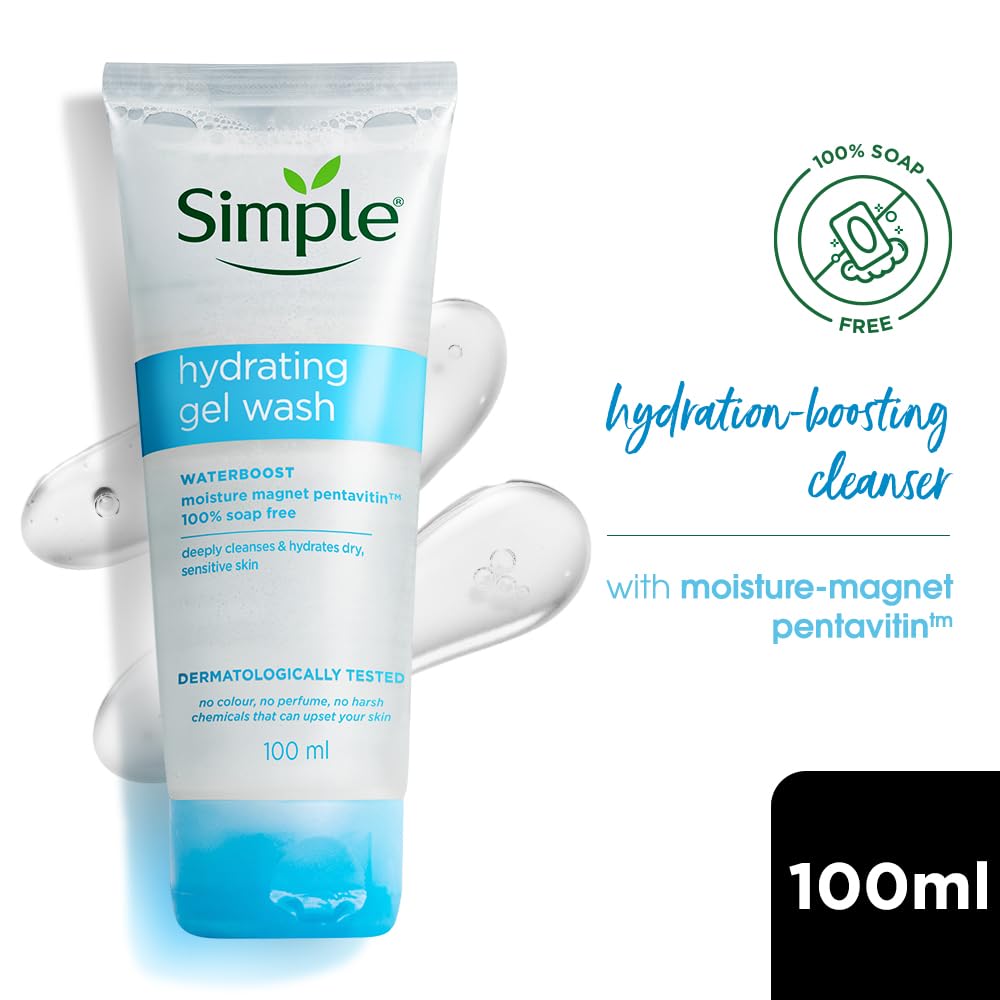 Simple Hydrating Gel Wash| 100% Soap Free | Gentle Hydrating Facewash with Pentavitin & Panthenol | Cleanser for Dry Sensitive Skin, 100 ml