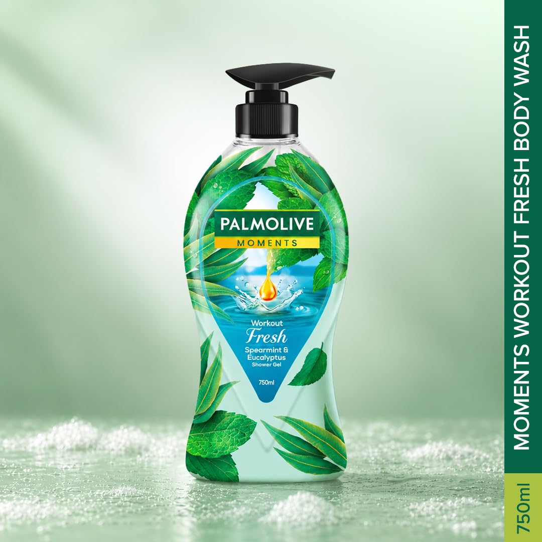 Palmolive Workout Fresh Body Wash, 750ml Shower Gel Single Pump Bottle, 100% Natural Eucalyptus & Spearmint Extracts, pH Balanced Bodywash, Free of Parabens & S