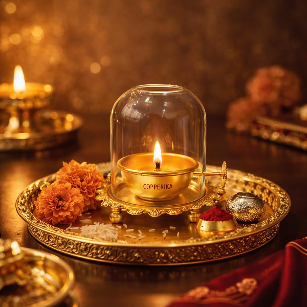 Brass Akhand Diya with Adjustable Bati 150ML | Akhand Jyoti Diya Oil Lamp | Lifting Screw Wick Holder & Borosilicate Glass Cover | Large Size, 150 ml Oil Capaci