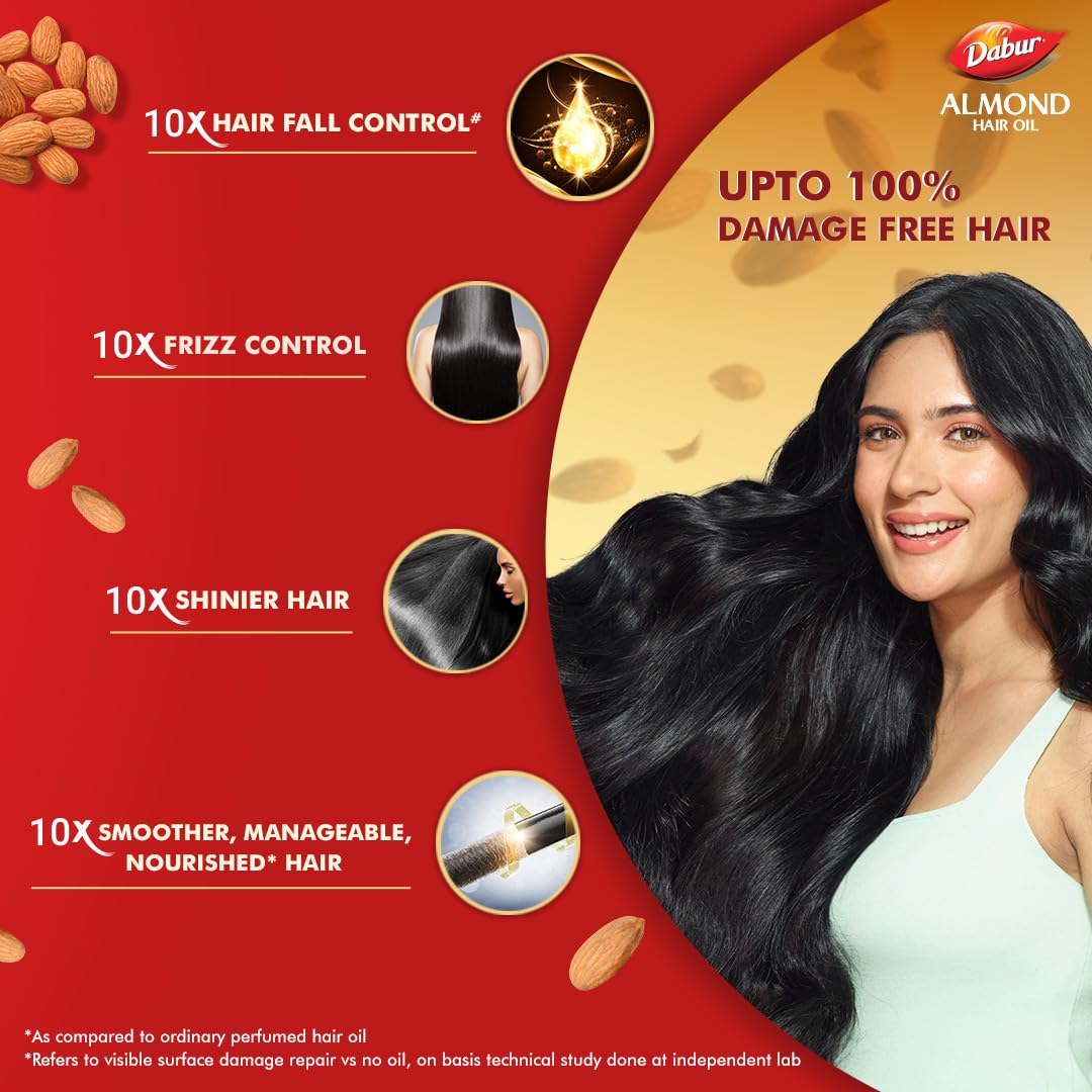 Dabur Almond Hair Oil - 870ml (290ml x 3) | Provides Damage Protection | Non Sticky Formula | For Soft & Shiny Hair | With Almonds, Keratin Protein, Soya Protein & 10X Vitamin E