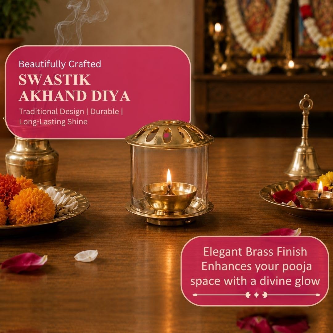 Klassic 4.5 Inch Swastik Akhand Diya with Borosilicate Glass Shade | Pure Brass Oil Lamp for Mandir, Daily Puja, Pooja Room, Diwali, Prayer, Wick Holder Festive
