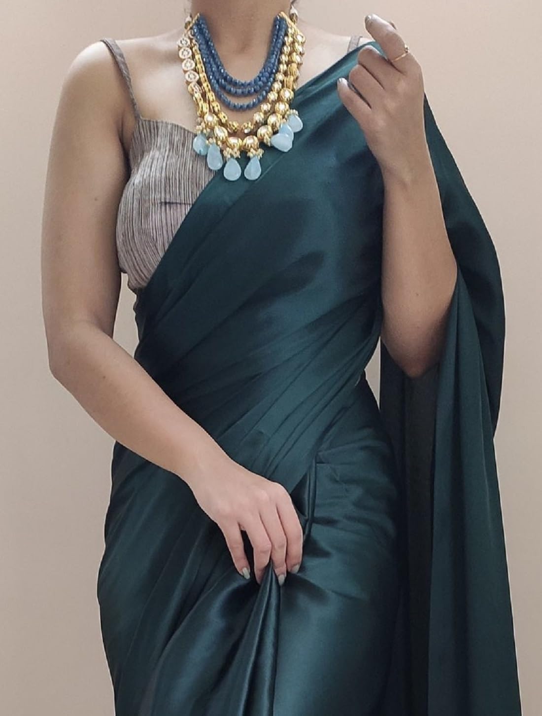 Women's Ready to Wear Satin Silk 1 Minute Pre Pleated Saree with Hand Work Tassels (Blackish Green) Free size Blackish Green
