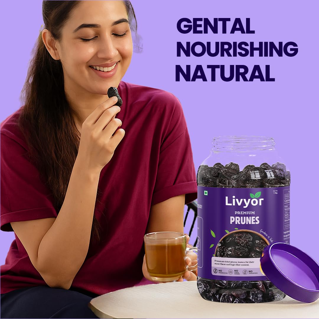 Livyor Premium Pitted Prunes for eating - 1kg | Healthy Snack | Seedless | Dried Plums | Source of Fibre | High in Vitamins | Rich in Pottasium | Pack of 1