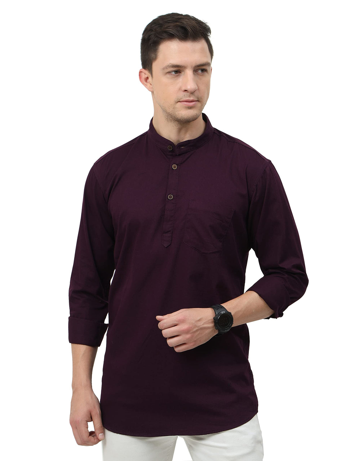Miraan Men's Casual Cotton Short Kurta Tailored Fit Shirt With Mandarin Collar (Sigshortkurta) Purple XL