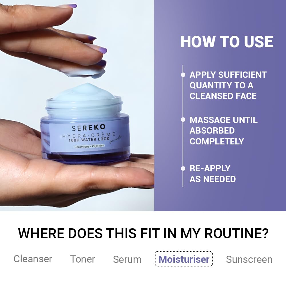 SEREKO Hydra Creme Ceramide Moisturizer Cream for Face — Skin Barrier Repair & Long-Lasting Hydration up to 100 hrs | Peptide + Ceramide Gel Formula | Lightweig
