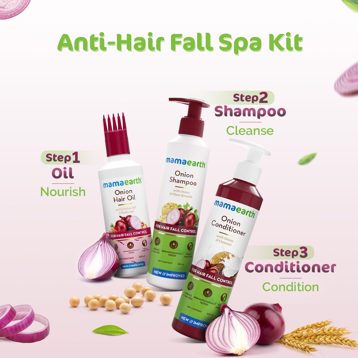 Mamaearth Anti-Hair Fall Spa Kit | Onion Shampoo 250 ml + Conditioner 250 ml + Hair Oil 150 ml | Boosts Growth | Reduces Hair Fall | Softens Hair