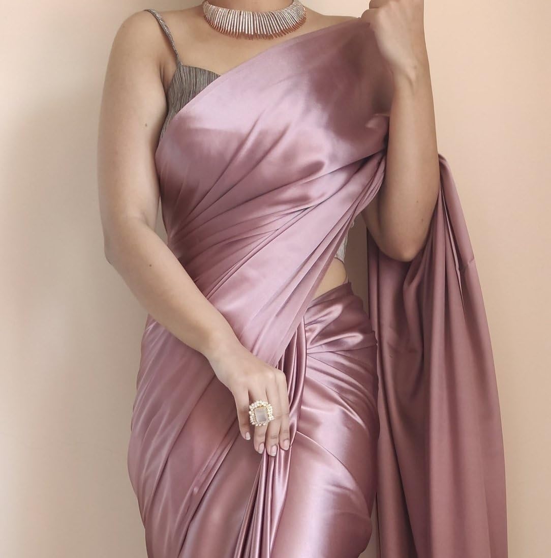Women's Ready to Wear Rose Gold Satin Silk 1 Minute Pre Pleated Indian Saree With Unstiched Blouse