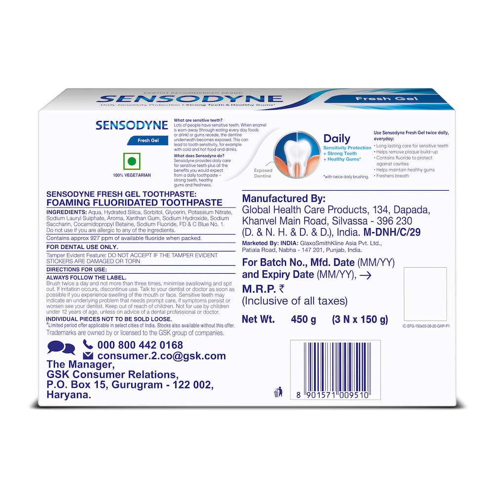 Sensodyne Toothpaste Fresh Gel Combo pack, Sensitive tooth paste for daily sensitivity protection, 450 gm multi-pack (150 gm) 150 g (Pack of 3)