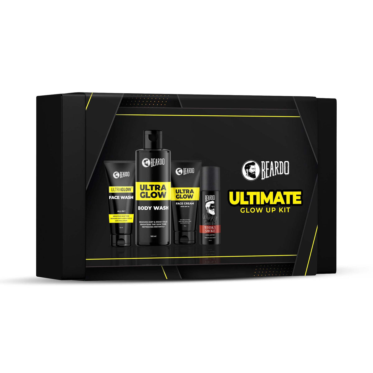 Beardo Ultimate Glow up Kit - Grooming kit for men | Ultra Glow Facewash | Ultra Glow Face cream for glowing skin with SPF | Body wash | Whisky smoke perfume bo