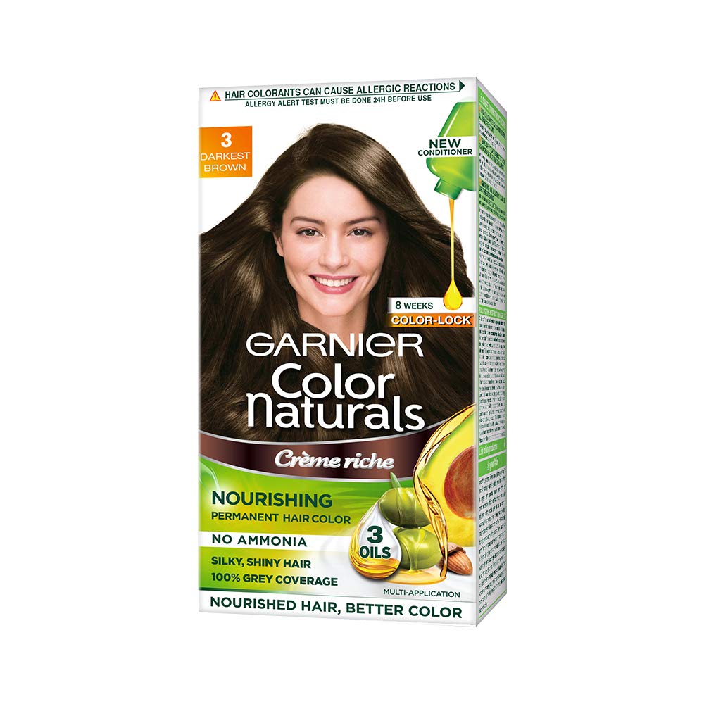 Garnier Color Naturals Crème Hair Color, Shade 3 Darkest Brown, 70ml + 60g and Color Naturals Crème Hair Color, Shade 4 Brown, 70ml + 60g Brown 2 Count (Pack of