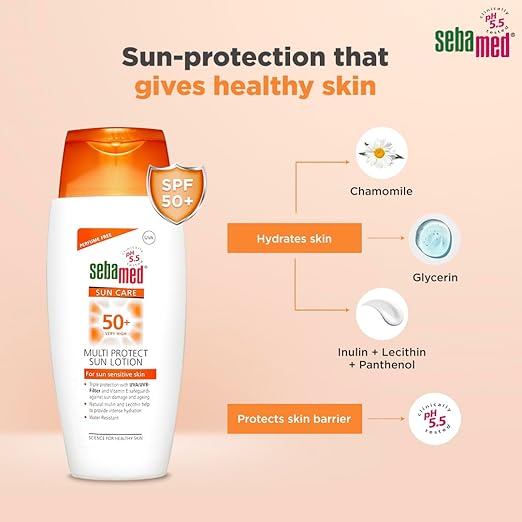 Sebamed Multi Protect Sun lotion SPF 50, 150 ml I UVA/UVB Protection filter I Water resistant sunscreen with pH 5.5 I Vitamin E I men & women I Suitable for chi