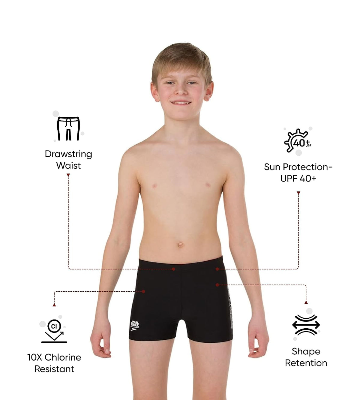 Speedo Boy's Endurance 10 Star Wars Trooper Logo High Chlorine Resistant UPF 40+ Sun Protection Aquashort 13 Years-14 Years Trooper Logo Black / White / Risk Re