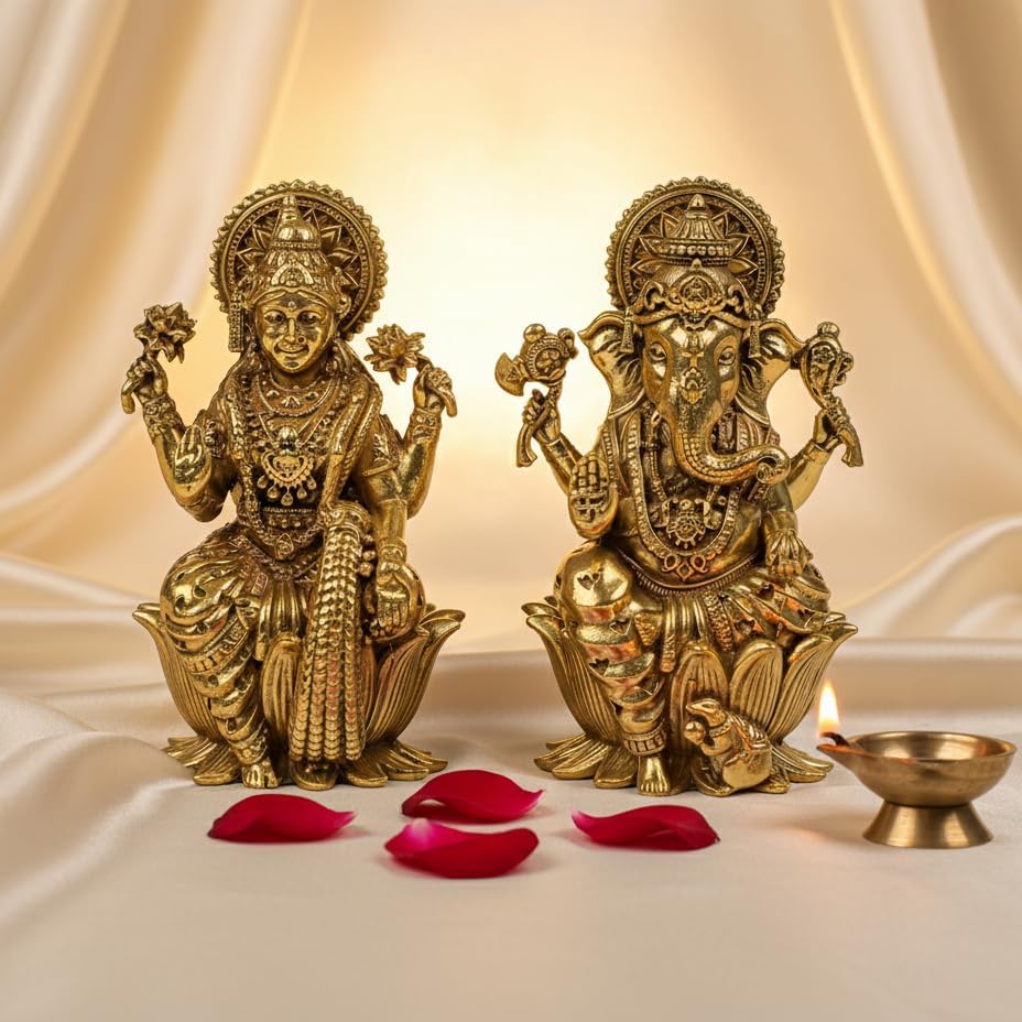 3 Inch Pure Brass Shree Lakshmi Ganesh Murti Set for Home Mandir & Pooja Room Laxmi Ganpati Idols for Diwali Pooja Festival Decoration Housewarming Gift Traditi