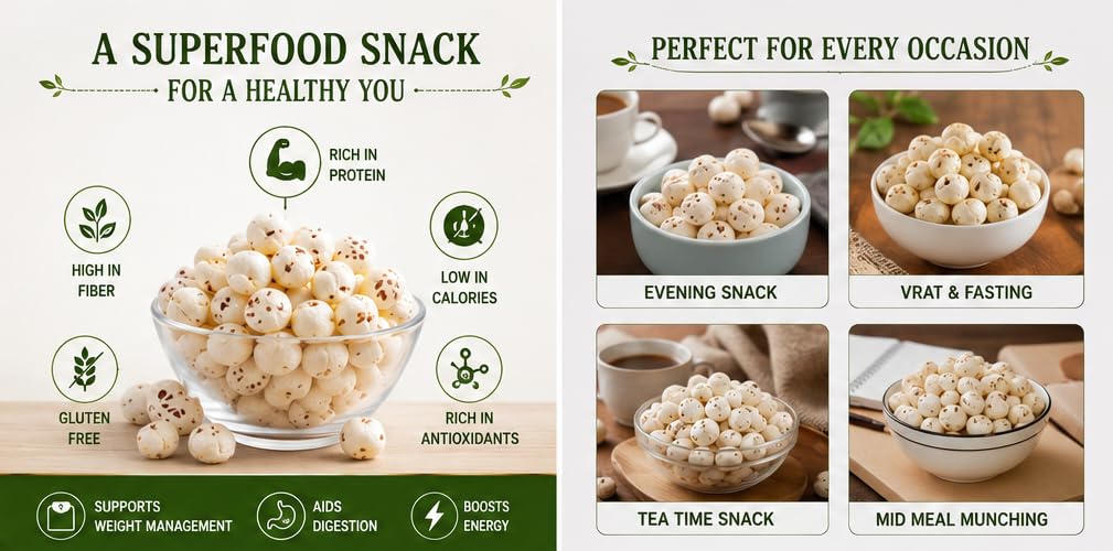 BM ORGANIC FOOD PRODUCTS Phool Makhana 500g | Premium Hand-Picked Fox Nuts | Natural Lotus Seeds | Healthy Roasted Snack | High Fiber & Protein Rich | Gluten Fr