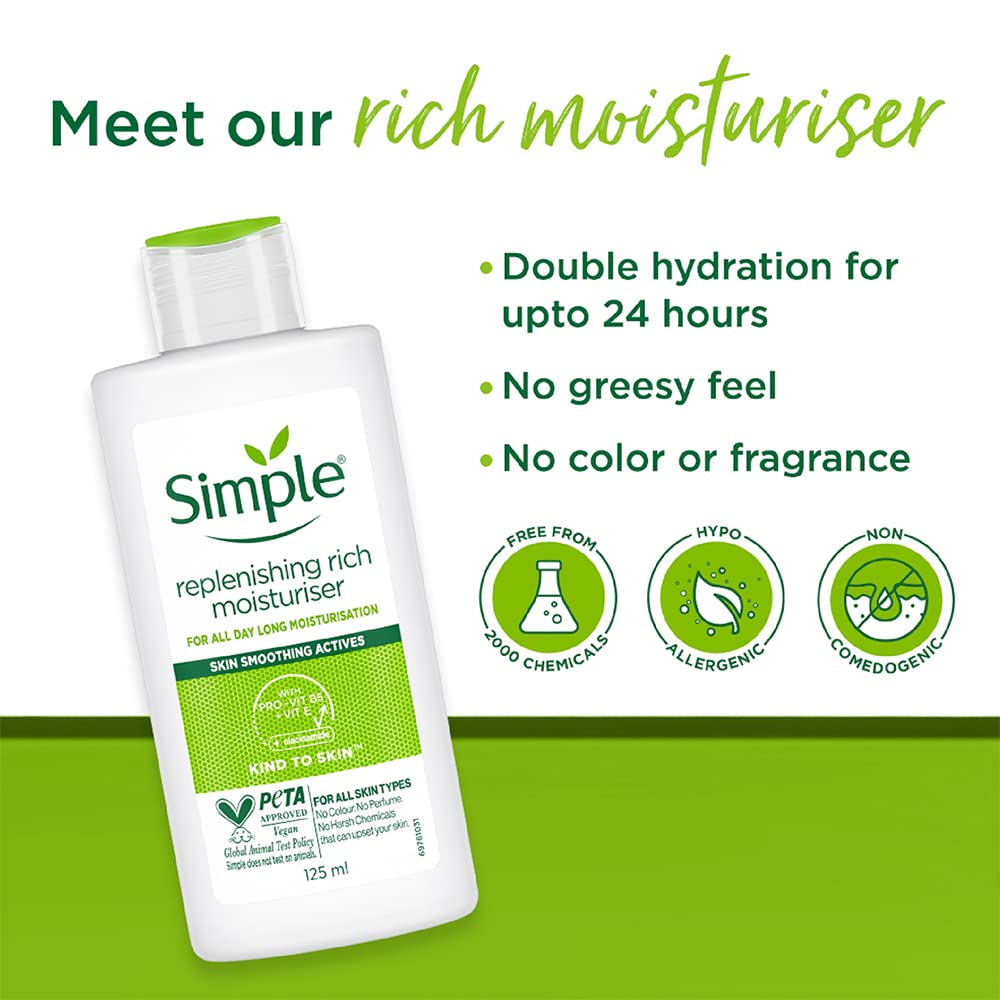 Simple Kind To Skin Replenishing Rich Moisturiser 125 ml | For All Day-Long Moisturisation with Pro-Vitamin B5 & Glycerin | For Normal to Dry Skin
