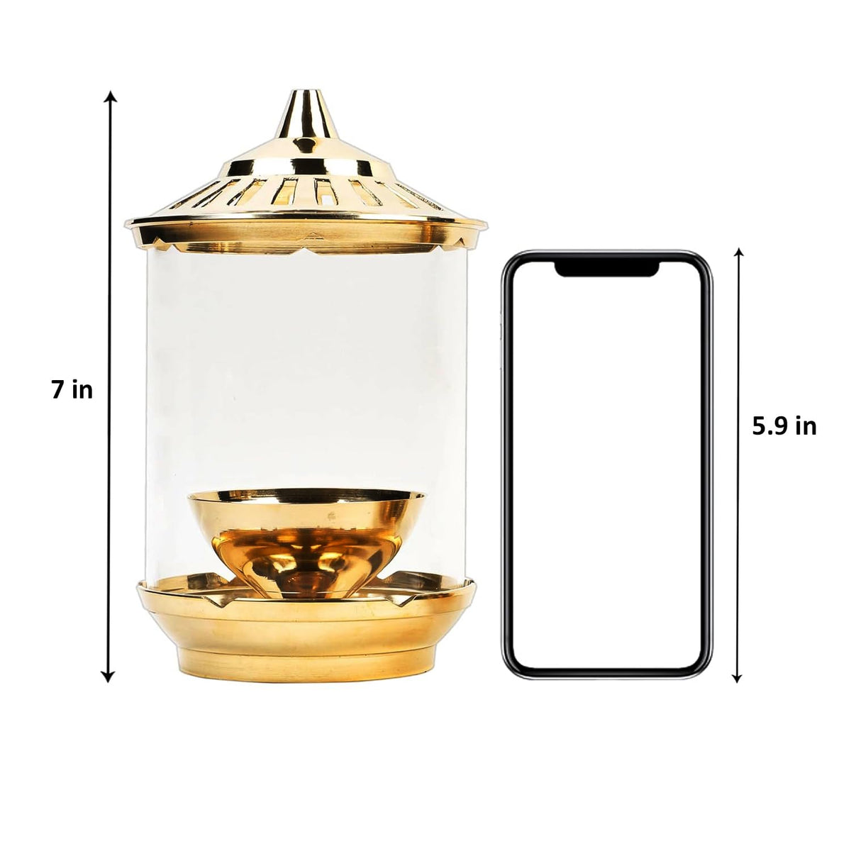 Klassic Kumbha 8 Inch Large Akhand Diya with Borosilicate Glass Shade, Wick Holder & Brass Lid | Premium Brass Oil Lamp for Mandir, Pooja, Diwali | Wind-Protect