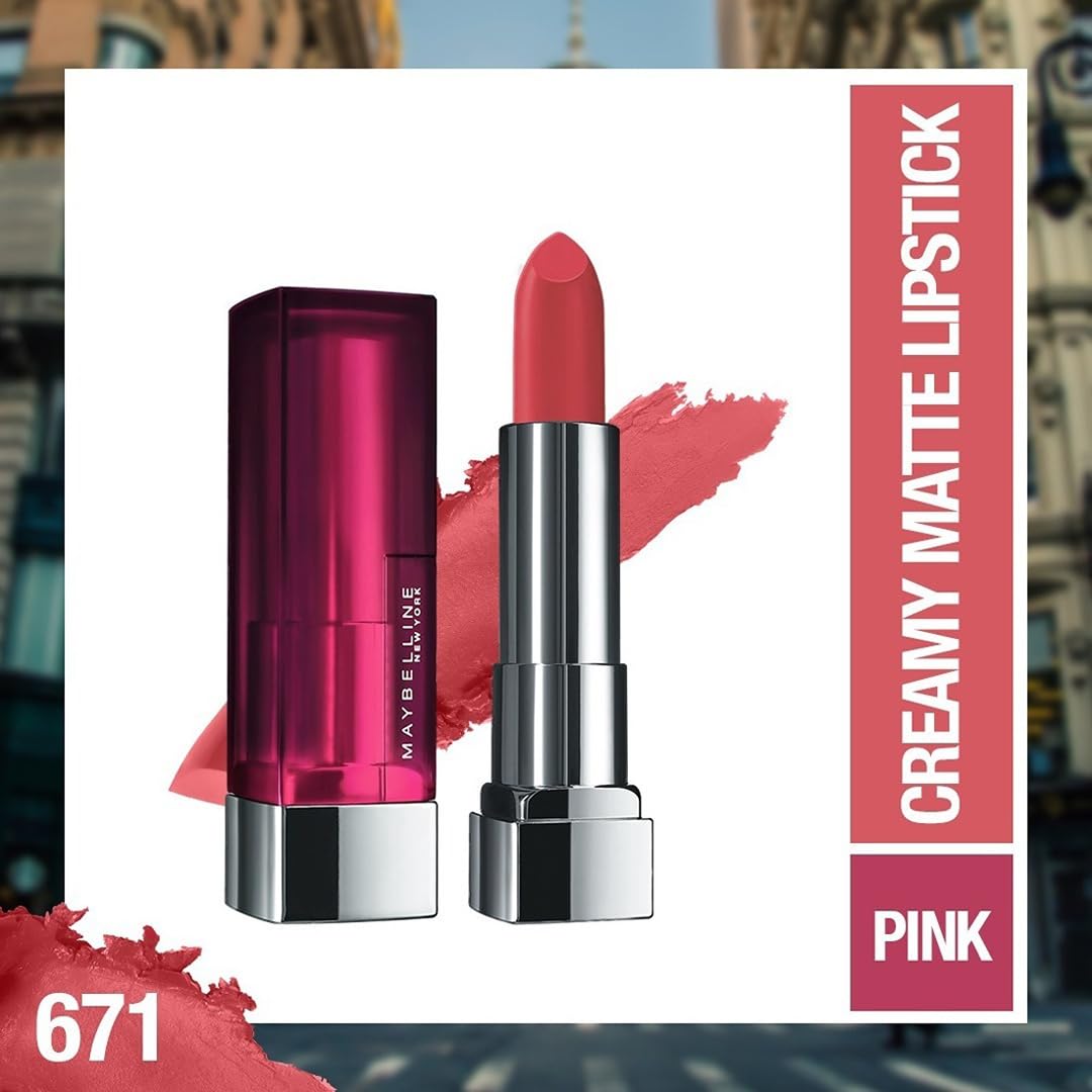 Maybelline New York Matte Lipstick, Intense Colour, 671 Heated Pink, 3.9g & Maybelline New York Compact Powder, With SPF to Protect Skin from Sun, Absorbs Oil,
