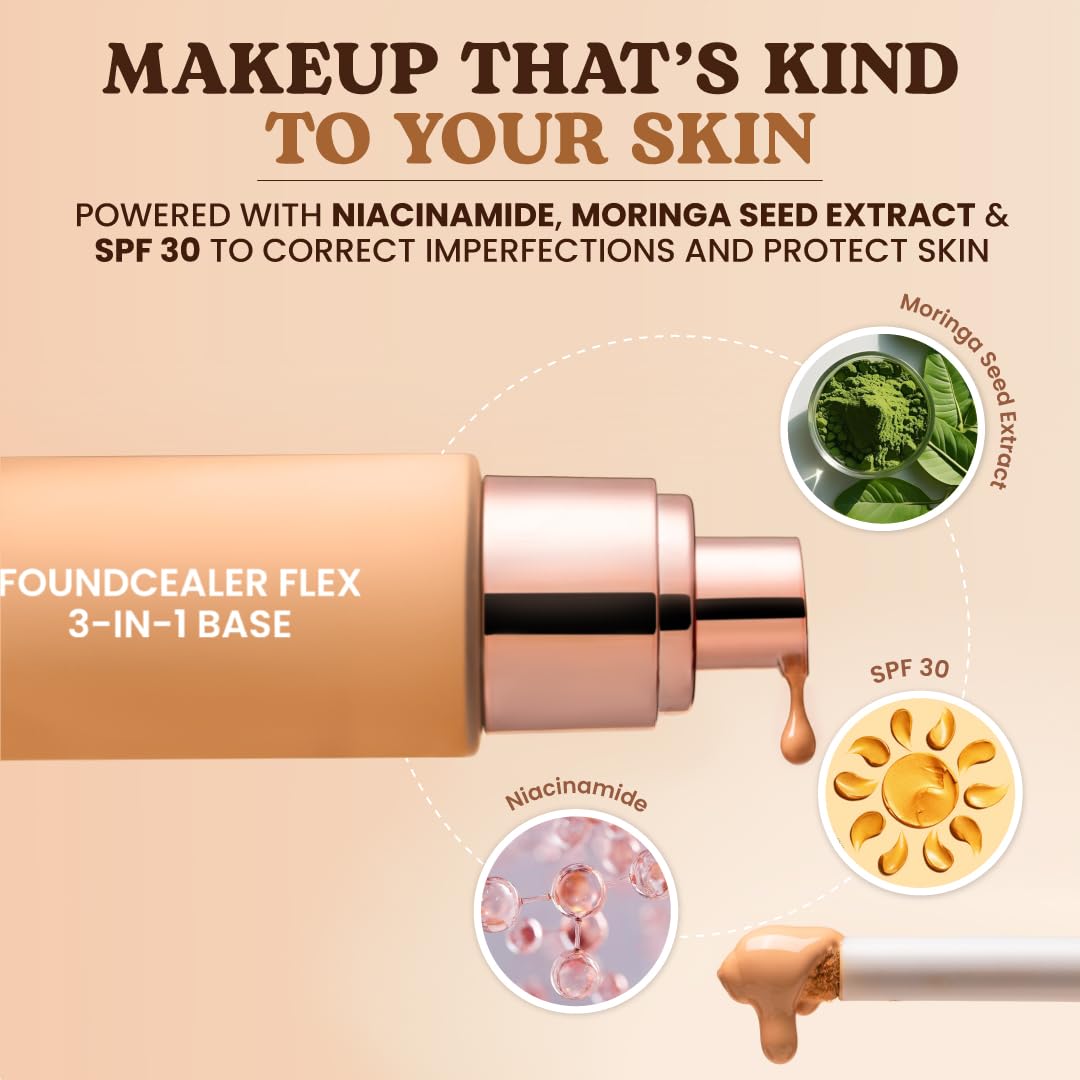 Typsy Beauty Foundcealer Flex 3-IN-1 Base with SPF 30, Moringa Oil & Niacinamide, Full coverage with Dual applicator Light Neutral 02 |40 g