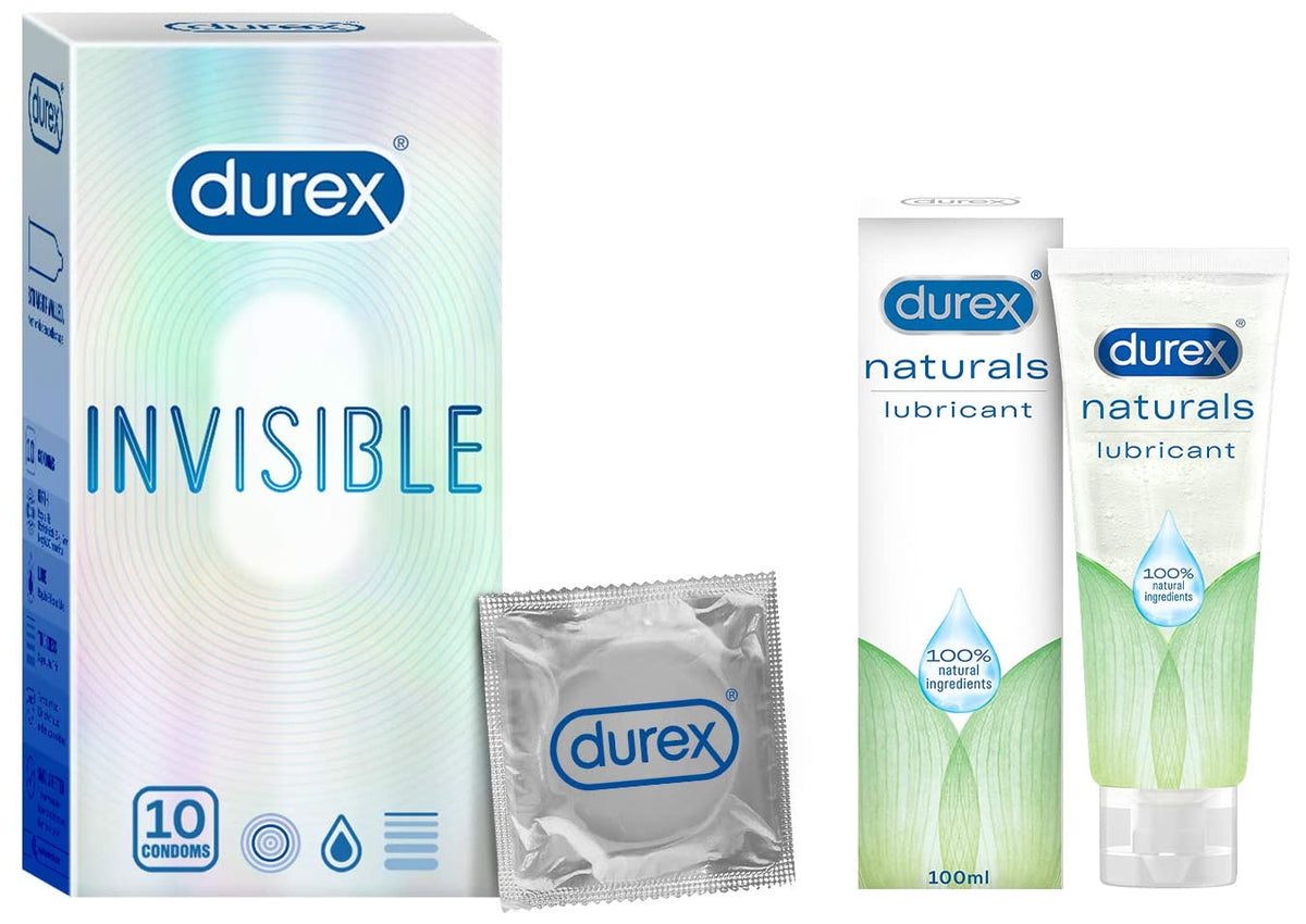 Durex Invisible Super Ultra Thin Condoms for Men | 10 Count | Suitable for use with lubes & toys & Lube Naturals Intimate Lubricant Gel for men & women - 100 ml