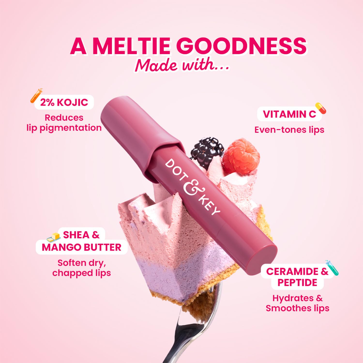 Dot & Key Meltie Lip Balm SPF 50+ In-Vivo Tested With 2% Kojic & Vitamin C | Hydrates Dry, Chapped Lips, Lightens Pigmentation, Brightens Lips | With Shea & Mango Butters, Peptide Infused | Berry Crumble | 4g