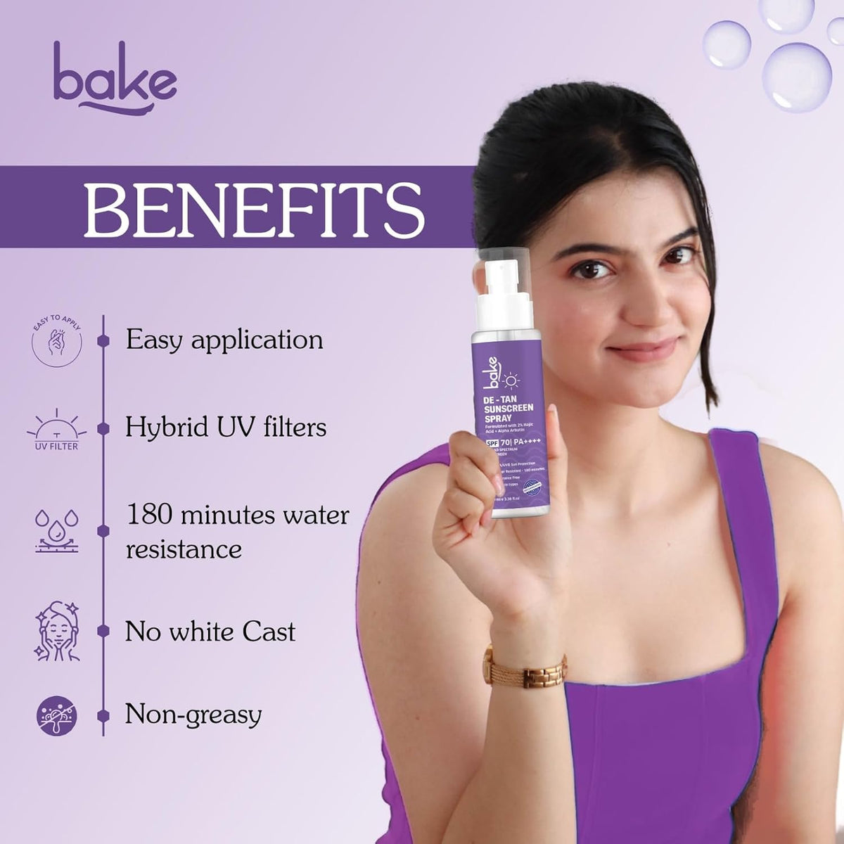 BAKE Sunscreen Spray SPF 70 PA++++ | Sweat Resistant & Waterproof - 180 Minutes | With 2% Kojic Acid & Alpha Arbutin | For Tan Removal, Pigmentation & UVA/B Sun