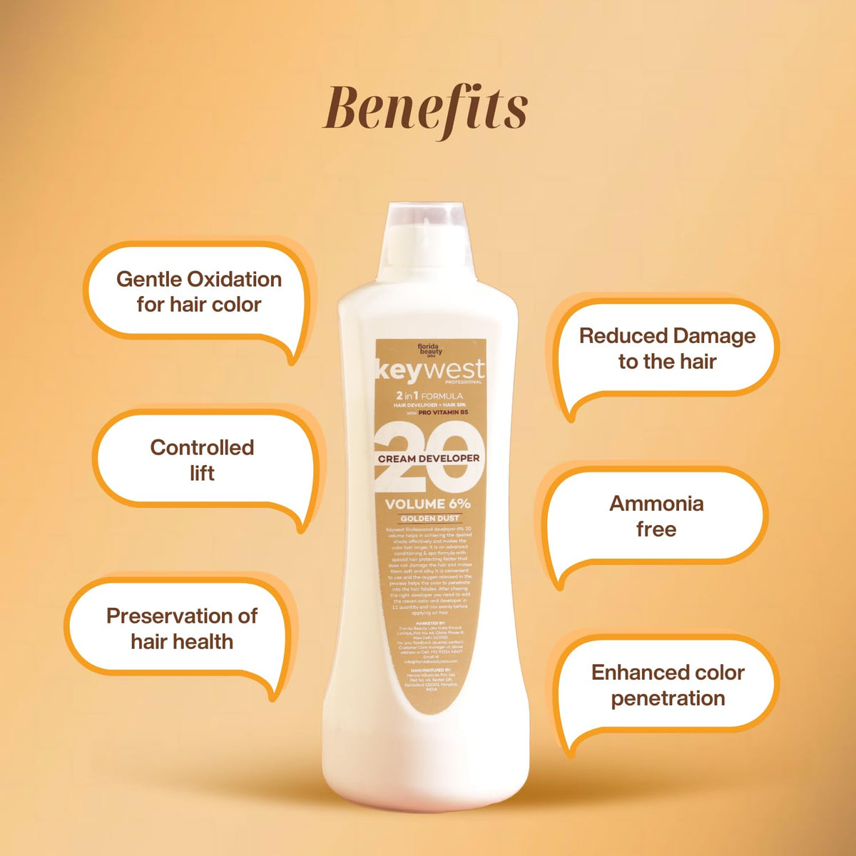 Keywest Professional Hair Color Developer 20 Volume 6% 1000ml + Hair Color Tube No. 3 Dark Brown 80gm (Ammonia Free) | 2in1 Formulation with Enriched Pro Vitami