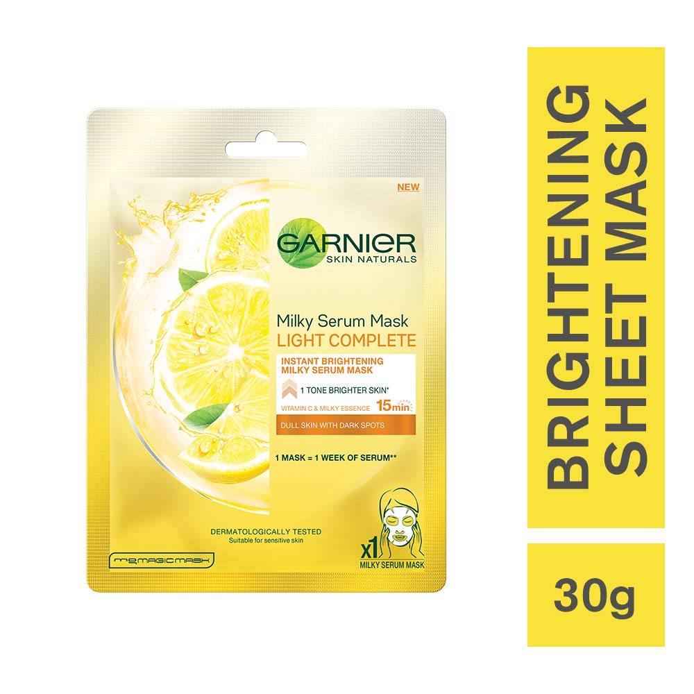 Garnier Skin Naturals, Light Complete, Face Serum Sheet Mask (Yellow), 30g And Garnier Skin Naturals, Sakura White, Face Serum Sheet Mask (Pink), 32g Light Comp