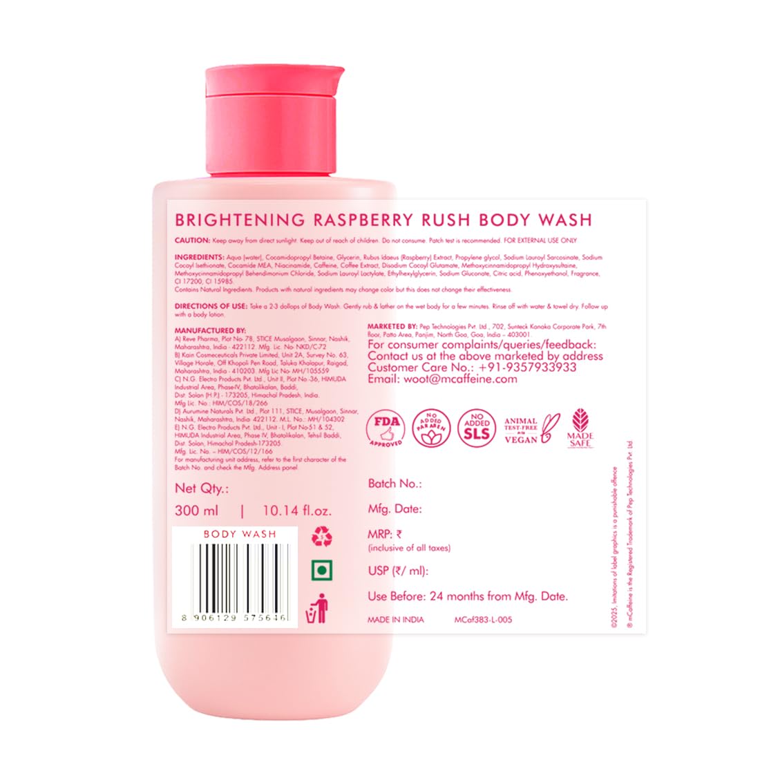mCaffeine Brightening Body Wash - 5% Niacinamide & Raspberry | Summer Body Wash for Dry Skin | Vitamin C & Glycerin Hydration | Boosts Glow, Deep Cleanses & Sof