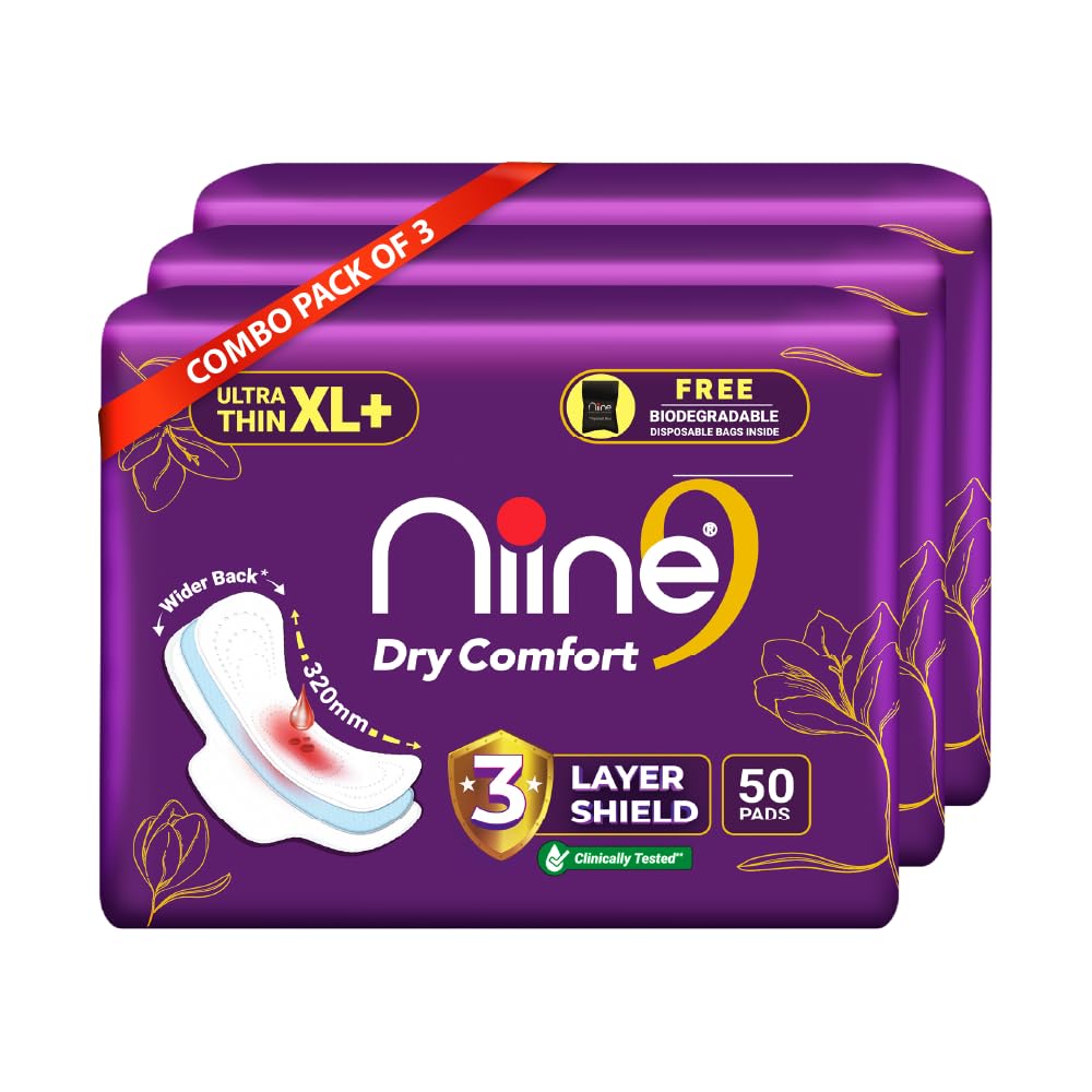 NIINE Dry Comfort Ultra Thin XL+ Sanitary Napkins for Heavy Flow (Pack of 3) 150 Pads with Free Biodegradable disposable bags XXL 150