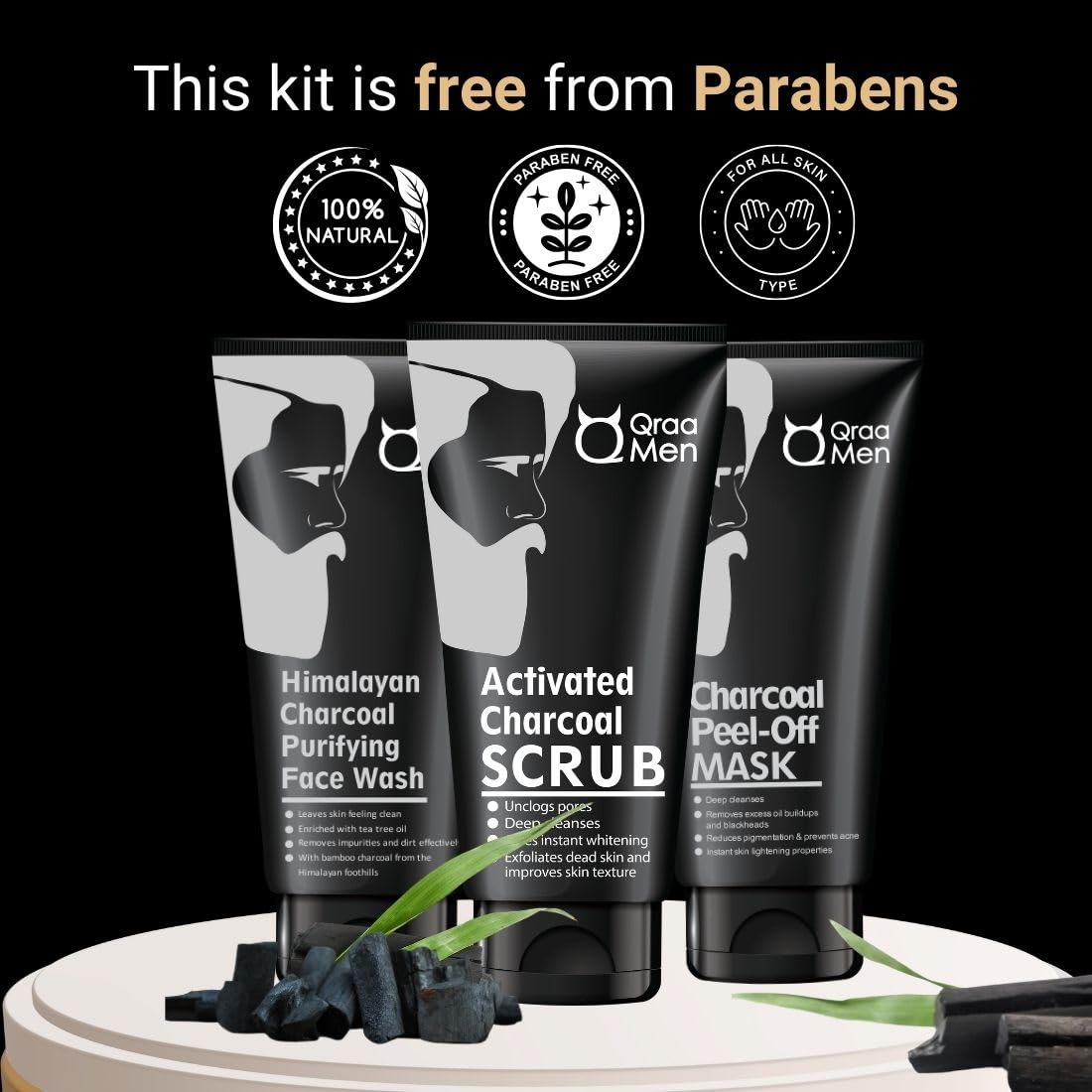 Qraa Men Charcoal Kit : Charcoal Scrub, Face wash & Peel-off Mask For Men - with Essential Oils | For deep cleansing & Glowing Skin | Anti Acne & Blackhead Remo