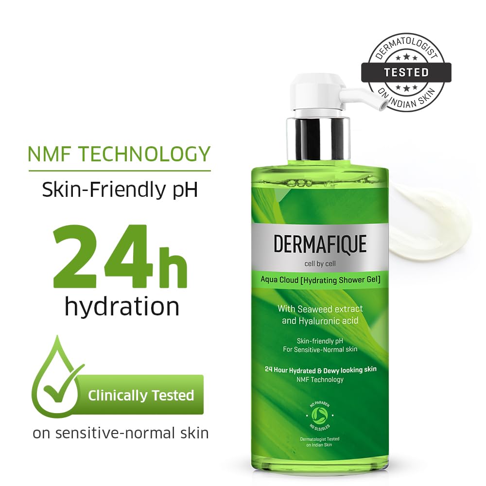 Dermafique Aqua Cloud Hydrating Shower Gel – 500ml | Body Wash for Women & Men | 24 hr Hydration, Hyaluronic Acid & NMF | Sensitive, Dry, Oily, Normal Skin | Cl