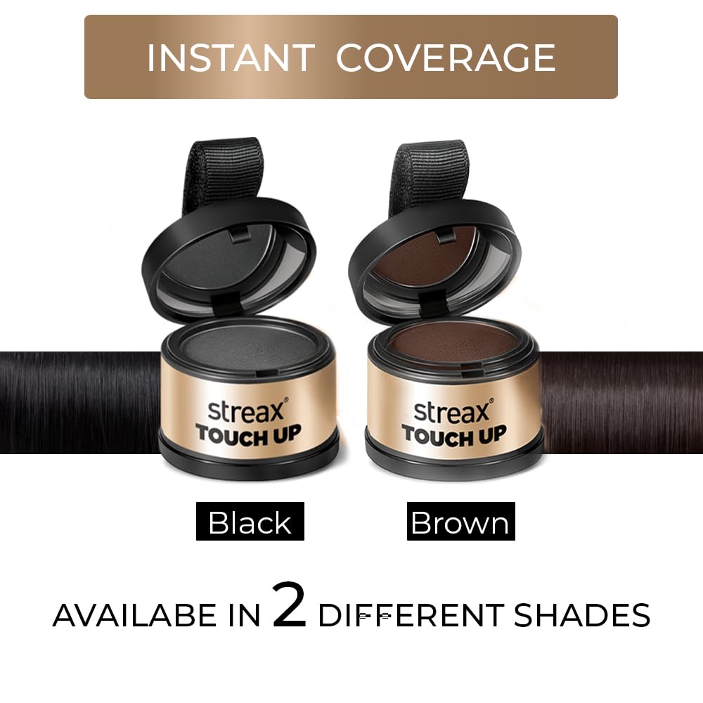 Streax Hair Root Touch Up for Grey Hair, Black – 4gm | Hair Cover Up Powder I Covers Grey Hair & Bald Patches | Instant Hair Colour Touch Up, Beard touch up for