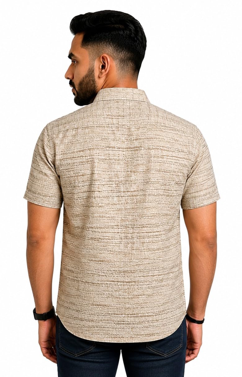 Men's Khadi Cotton Checkered Casual Shirt | Half Sleeve Regular Fit Shirt with Front Pocket | Stylish Everyday Wear L BEIGE