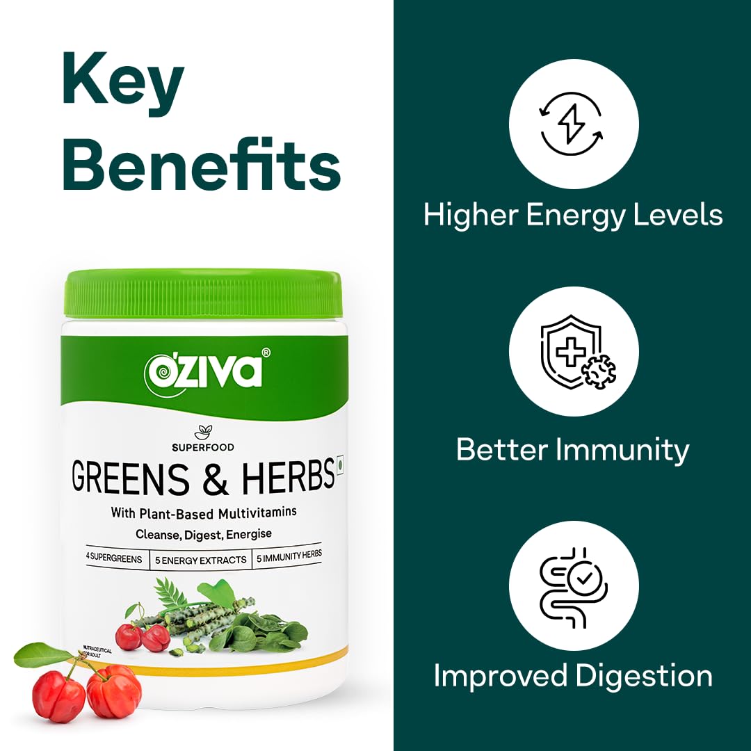 OZiva Superfood Greens & Herbs for Acne Control, Skin Health & Digestion | Daily Greens and 35+ Superfoods, Herbs, Chlorella & Moringa, 200 g Superfood Greens &