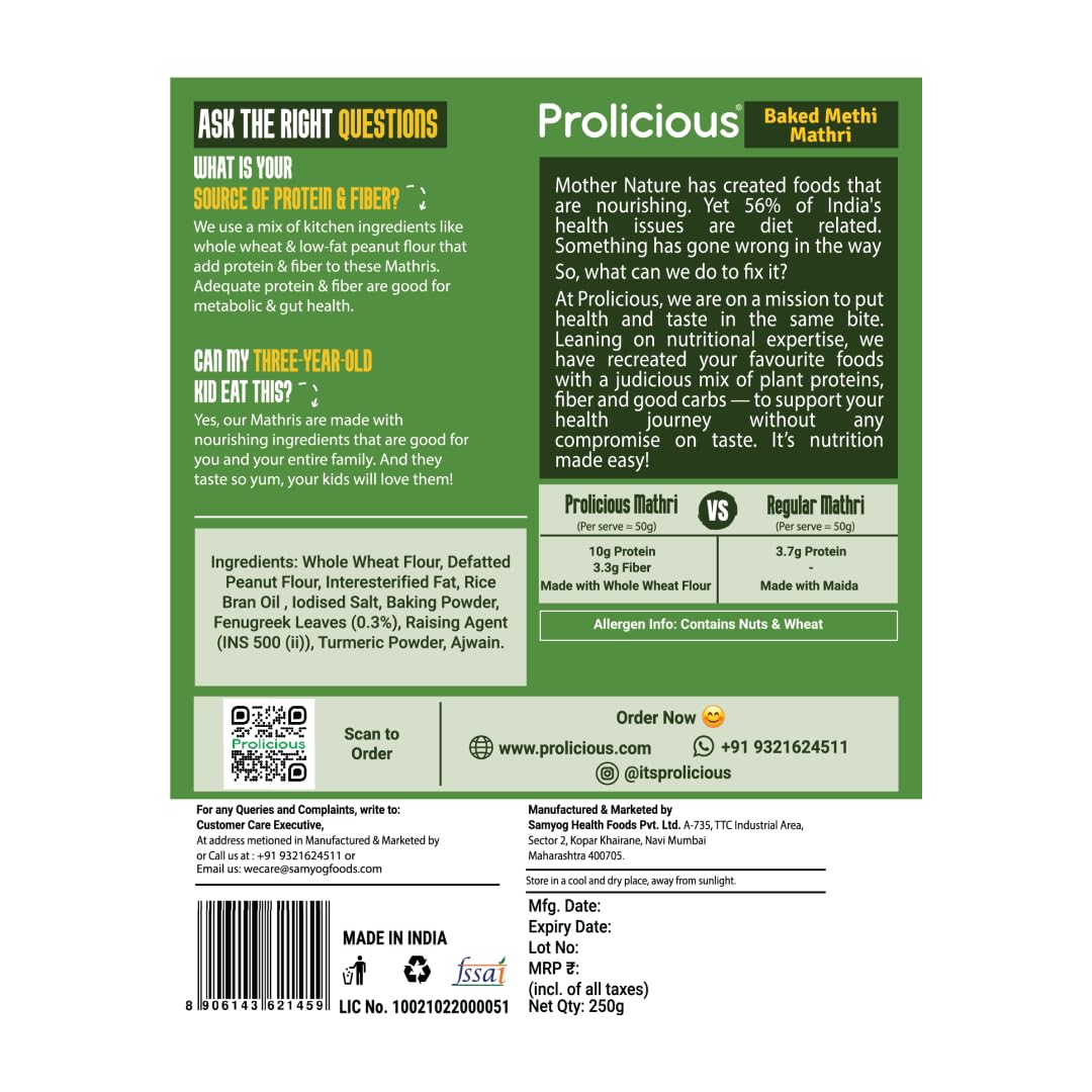 Prolicious Healthy Protein Baked Mathri| 10g Protein & 3g Fibre |Vegan Snack|No Maida |No Palm Oil| 250g (Pack of 2)|Methi 250 g (Pack of 2)