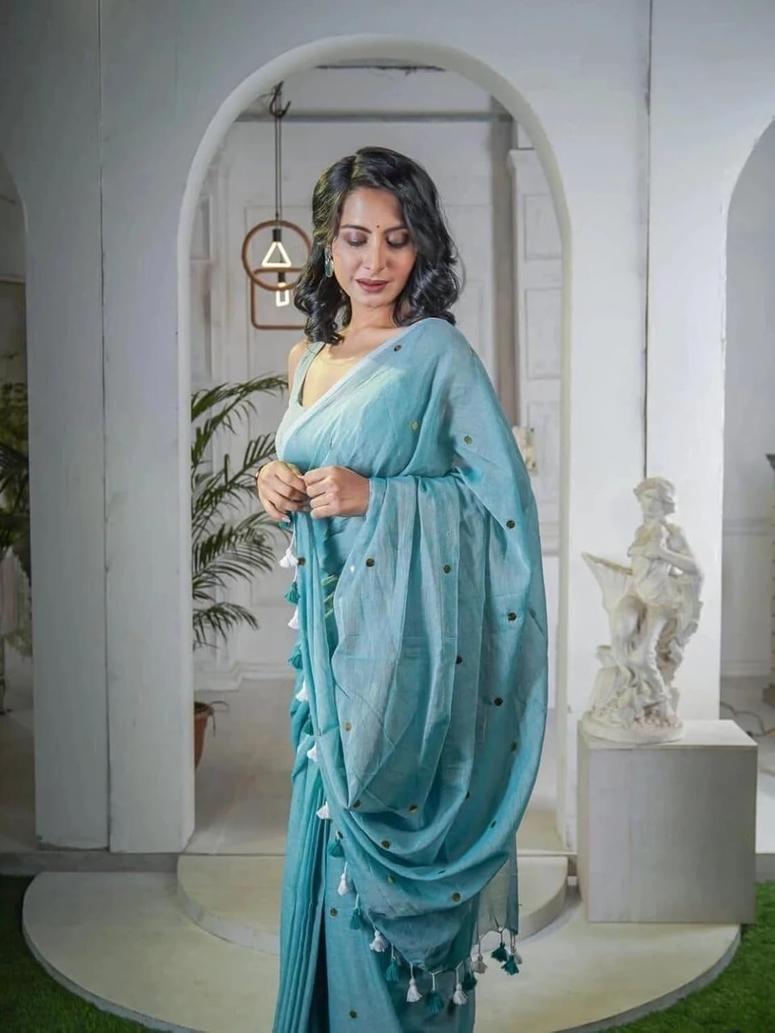 Women’s Khadi Cotton Saree with Blouse Piece | Soft Lightweight Plain Saree with Foil Butti Work Light Blue